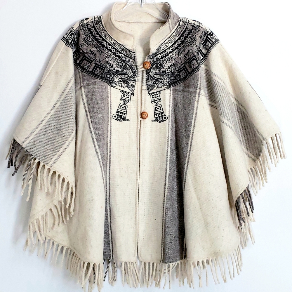 NWOT Creme Blanket Aztec Collar, Fringed Poncho - Picture 6 of 6